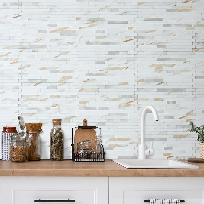 AULIGET 20 Sheets Calacatta Gold Peel and Stick Backsplash, PVC Mixed Metal Silver Wall Tile Stick on Backsplash for Kitchen and Bathroom