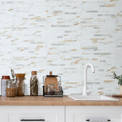AULIGET 20 Sheets Calacatta Gold Peel and Stick Backsplash, PVC Mixed Metal Silver Wall Tile Stick on Backsplash for Kitchen and Bathroom