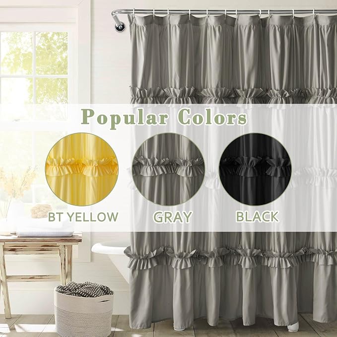 Farmhouse Ruffle Shower Curtain, Gray, 72 x 72 in | Decorative Elegant Bathroom Curtain with 12 Holes, Soft Ruched Microfiber Fabric, Vintage Handmade Design
