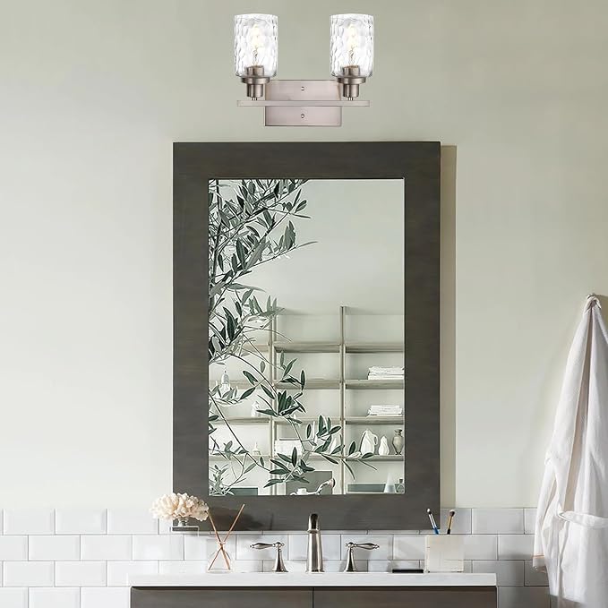 MELUCEE Indoor Wall Sconces Brushed Nickel with Clear Hammered Glass | 2-Light Modern Bathroom Vanity Light Wall Mount Lamp for Mirror Powder Room Dressing Table (Patent No.: US D963914 S)
