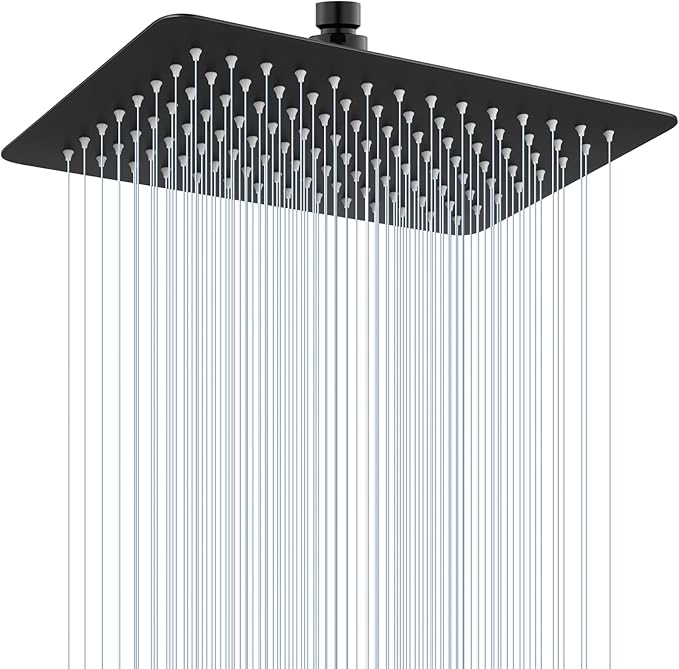 12x8 Inch Rectangle Rain Shower Head Black, All Metal Stainless Steel 304, Full Body Rainfall Shower with 112 Silicone Nozzles, Ceiling Rain Showerheads