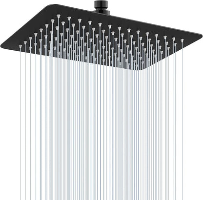 12x8 Inch Rectangle Rain Shower Head Black, All Metal Stainless Steel 304, Full Body Rainfall Shower with 112 Silicone Nozzles, Ceiling Rain Showerheads