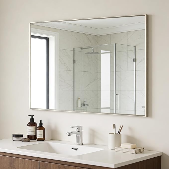 Bathroom Mirror for Wall, 40x30 Inch Framed Vanity Mirror Brushed Nickel | Rectanglar Metal Beveled Framed Mirror for Over Sink, Tempered Glass, Anti-Rust, Hangs Horizontally or Vertically