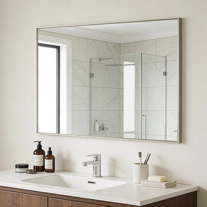 Bathroom Mirror for Wall, 40x30 Inch Framed Vanity Mirror Brushed Nickel | Rectanglar Metal Beveled Framed Mirror for Over Sink, Tempered Glass, Anti-Rust, Hangs Horizontally or Vertically