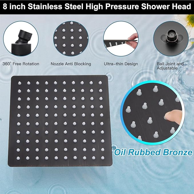 Midanya Shower Faucet Set,Wall Mount Shower System with Square Rain Shower Head and Hand Sprayer, Rough-in Valve Body and Trim Kit Included,8 Inch,Oil Rubbed Bronze