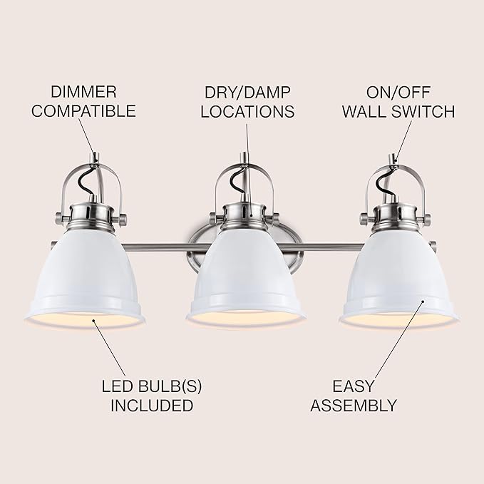 JONATHAN Y 25.5" White/Nickel 3-Light LED Vanity Light, Adjustable Wall Sconce for Bathroom Mirror, Farmhouse Bohemian Kitchen Light, Iron Black Bell Shade (JYL1116B)
