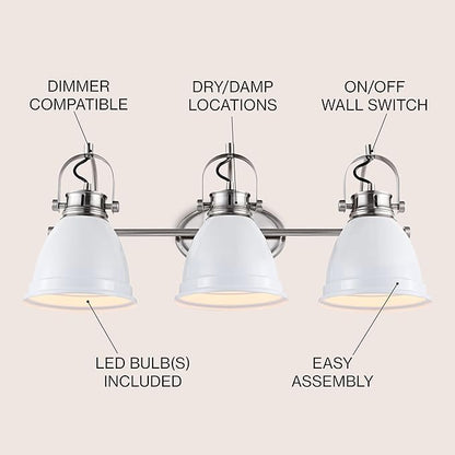 JONATHAN Y 25.5" White/Nickel 3-Light LED Vanity Light, Adjustable Wall Sconce for Bathroom Mirror, Farmhouse Bohemian Kitchen Light, Iron Black Bell Shade (JYL1116B)