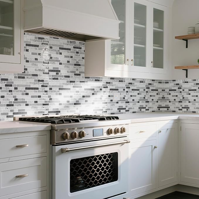 Art3d 10-Sheet Heavy-Duty Peel and Stick Backsplash, Waterproof Wall Tiles Stick on Kitchen Backsplash Living Space, Carrara Grey (Pack of 4)