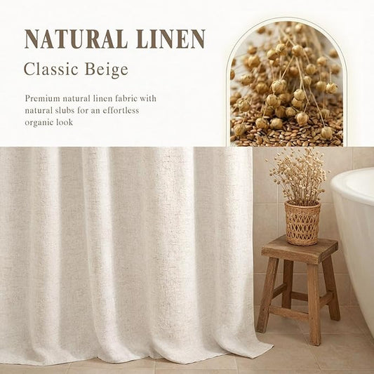 Beige Linen Shower Curtain Cream, Fabric Boho Farmhouse Shower Curtains for Bathroom Cotton Natural Cloth Liner Set 72" W x 72" L