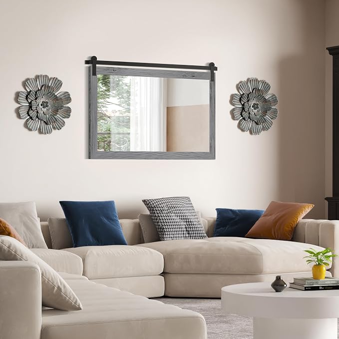 COGOOD Farmhouse Bathroom Mirrors for Over Sink - 30 x 49 Grey | Rustic Barn Door Wood Framed Vanity Mirror for Entryway, Living Room, Bedroom, Dresser Wall Decor