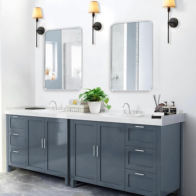 Silver Bathroom Mirror 16x20in, Metal Framed Rounded Rectangle | Tempered Glass, Shatter Proof, Anti-Rust Frame, Hangs Horizontal or Vertical