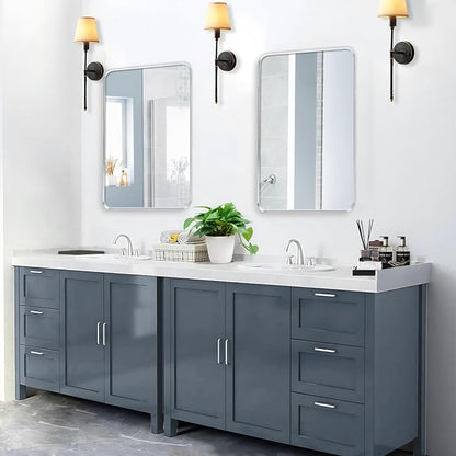 Silver Bathroom Mirror 30x40in, Metal Framed Rounded Rectangle | Tempered Glass, Shatter Proof, Anti-Rust Frame, Hangs Horizontal or Vertical