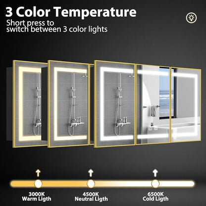 ROOMTEC 60 x 32 Inch Medicine Cabinet Mirror with LED Lights, Gold Bathroom Medicine Cabinet with Mirror and Storage, Recessed or Wall Mount, 3 Color Temperature, Dimmable Light