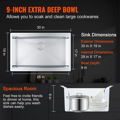 VEVOR 30 inch Kitchen Single Sink, 304 Stainless Steel Undermount Sink Drop-In Single Bowl Farmhouse Basin with Ledge & Multiple Accessories, Household Dishwasher Sinks for Prep Kitchen, Bar 30"*19"