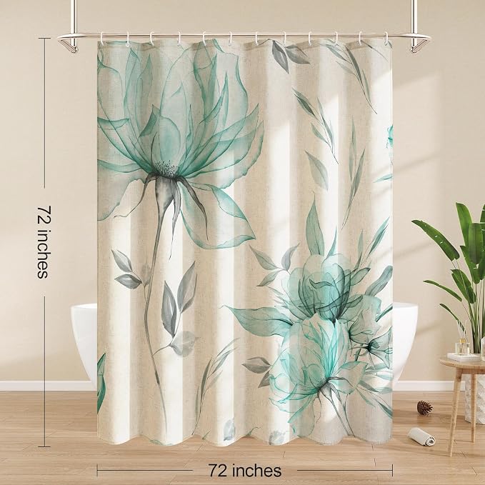 Teal Floral Linen Shower Curtain, Watercolor Botanical Design, 72 x 72 | Boho Floral Design, Watercolor Botanical Style, Ink Painting Flowers & Leaves, Linen Blend Fabric Curtain