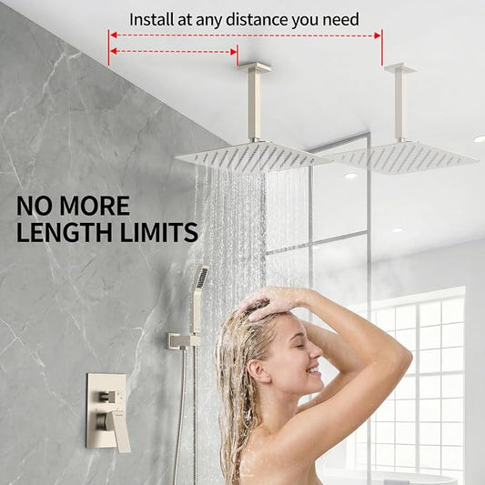 SR SUN RISE 12 Inch Ceiling Mount Brushed Nickel Shower System Bathroom Luxury Rain Mixer Shower Combo Set Ceiling Rainfall Shower Head System Faucet Trim Repair Kits with Rough-in Valve and Trim