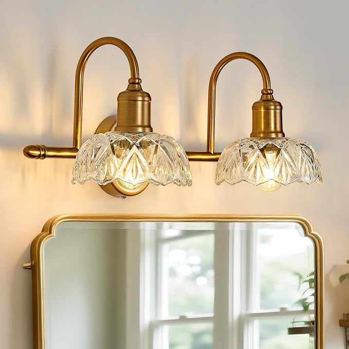 UOFUS Vintage Bathroom Light Fixtures Gold Bathroom Vanity Light Matte Antique Brass 2-Light Wall Sconces Lighting for Bedroom Living Room Hallway