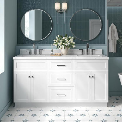 ARIEL Hamlet 66-inch Bathroom Vanity with Sink,Solid Wood, 1.5-inch Carrara White Quartz Countertop & Backsplash, Double Rectangular Porcelain Sink, 4 Soft Closing Doors, 3 Dovetail Drawers, White