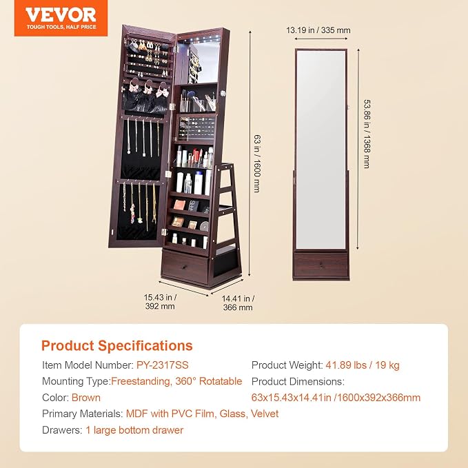 VEVOR 360° Swivel Jewelry Cabinet Armoire, 63-Inch Tall Lockable Jewelry Organizer with Full-Length Mirror, LED Light, Velvet Lining, Drawer, Freestanding, Brown