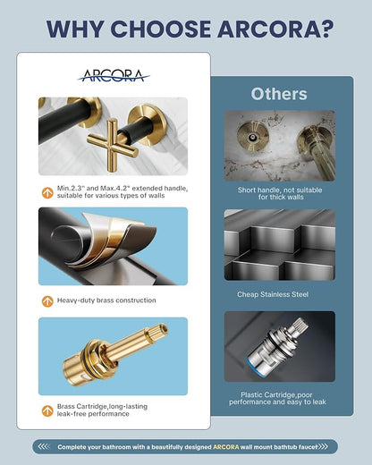 ARCORA Wall Mount Tub Filler: Black and Gold Bathtub Faucet Long Spout Reach 2 Cross Handles Tub Faucet with Brass Rough in Valve Included