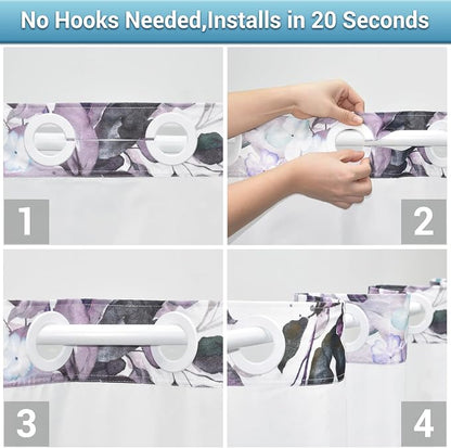 No Hook Floral Shower Curtain with Liner, Eucalyptus Plum, 71x74 | Snap in Liner, 3 in 1, Water Repellent, Easy Install, Machine Washable, Hotel Style for Bathroom, Watercolor Pattern
