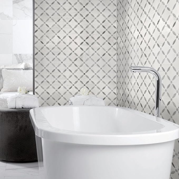 MSI Bianco Dolomite 11 in. x 11 in. Lola Polished Marble Tile for Kitchen Backsplash, Floor Tile, Wall Tile for Bathroom, Shower Wall Tile, Mesh Mounted Mosaic Tile