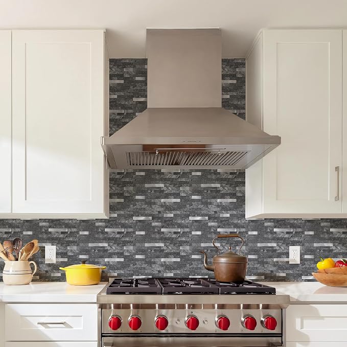 STICKGOO Peel and Stick Backsplash,PVC Wall Tiles Stick on Backsplash for Kitchen(10 Sheets, Black Slate with Metal Silver),(12 inch x 11.7 inch)