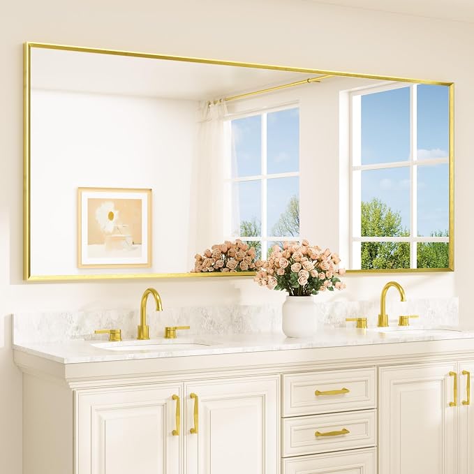 Brushed Gold Mirror Beveled Frame 84" x 36" Large Brass Gold Rectangle Bathroom Vanity Wall Mirror for Over Sink, Modern Farmhouse, Tempered Glass, Shatterproof, Stronger Frame