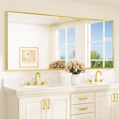 Brushed Gold Mirror Beveled Frame 84" x 36" Large Brass Gold Rectangle Bathroom Vanity Wall Mirror for Over Sink, Modern Farmhouse, Tempered Glass, Shatterproof, Stronger Frame