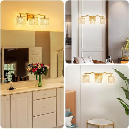 WUZUPS 3-Light Bathroom Light Fixture Over Mirror Morden Vanity Wall Sconces Light Clear Crystal Drop for Bedroom Living Room, E12 Base, Gold