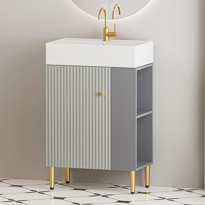 Merax 21.6" Small Bathroom Vanity with Sink Narrow Depth Bathroom Vanities,Wood Vanity Cabinet,Soft Closing Door,Freestanding Sink Cabinet W/Open Side Shelves,Gray
