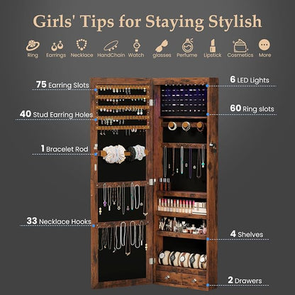 DUMOS 6 LEDs Mirror Jewelry Organizer Cabinet, Jewelry Armoire, 47.2 Inch | Hanging Door or Wall Mounted Mirror, Lockable, Large Capacity Cosmetic Storage, 2 Drawers, Gift Idea, Rustic Brown
