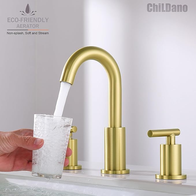 Brushed Gold Bathroom Faucet, 8 inch Widespread Bathroom Sink Faucet 3 Hole with Drain and Hose, Gold Bathroom Faucet CH2183BG