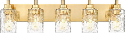 5-Light Bathroom Light Fixtures, 30 Inch Brushed Gold Vanity Lights with Clear Hammered Glass Cylinder Shade, Modern Vanity Lighting Fixture Over Mirror, VL198-BG-5