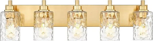 5-Light Bathroom Light Fixtures, 30 Inch Brushed Gold Vanity Lights with Clear Hammered Glass Cylinder Shade, Modern Vanity Lighting Fixture Over Mirror, VL198-BG-5