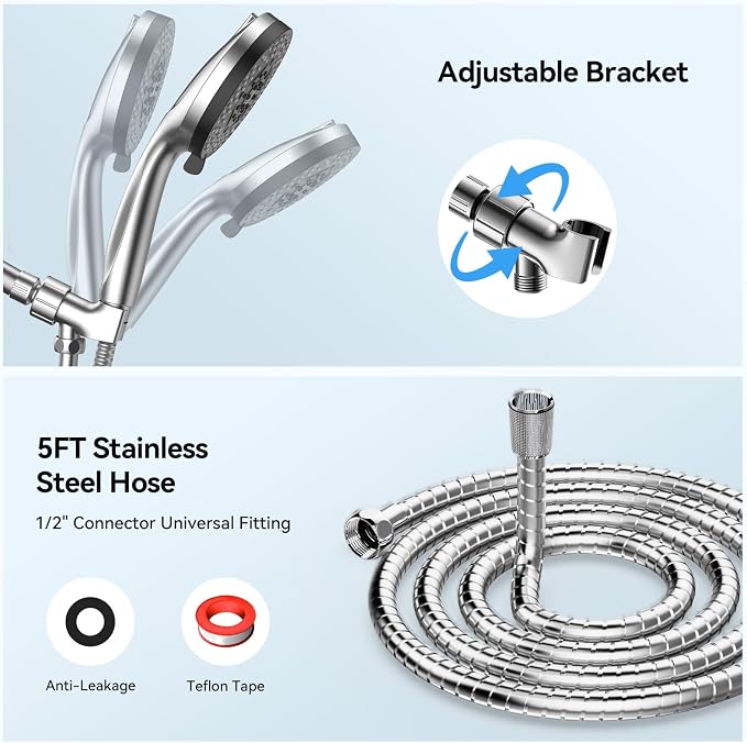 VOXON Shower Head High Pressure 10 Functions, Built-in 2 Power Wash Mode to Clean Corner, Non-Clogging Nozzles, Leakproof Stainless Steel Hose&Adjustable Bracket,for Man, Women, Pet