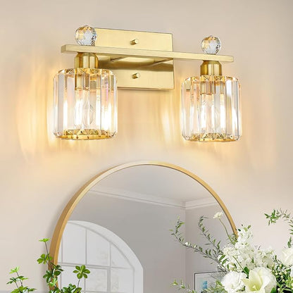 2-Light Gold Bathroom Light Fixtures,Modern Bathroom Vanity Lights Fixture with Clear Crystal Glass Shade,Brushed Gold Bath Wall Mount Lights, Light Fixtures for Mirror Bedroom Living Room