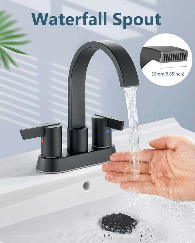 Aolemi Bathroom Faucets for Sink 3 Hole,4 Inch Centerset Waterfall Faucet 2 Handle for Bathroom Sink with Pop-Up Drain and Supply Lines Matte Black