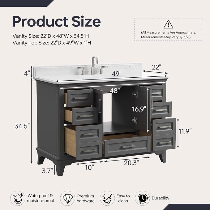48 Inch Fully Assembled Bathroom Vanity with Sink, Grey | Solid Wood, Quartz Top & Backsplash, Soft-Close Doors, Dovetail Drawers, Large Storage, Modern Farmhouse Bath Upgrade