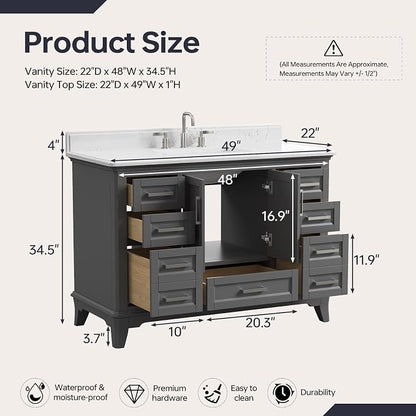 48 Inch Fully Assembled Bathroom Vanity with Sink, Grey | Solid Wood, Quartz Top & Backsplash, Soft-Close Doors, Dovetail Drawers, Large Storage, Modern Farmhouse Bath Upgrade