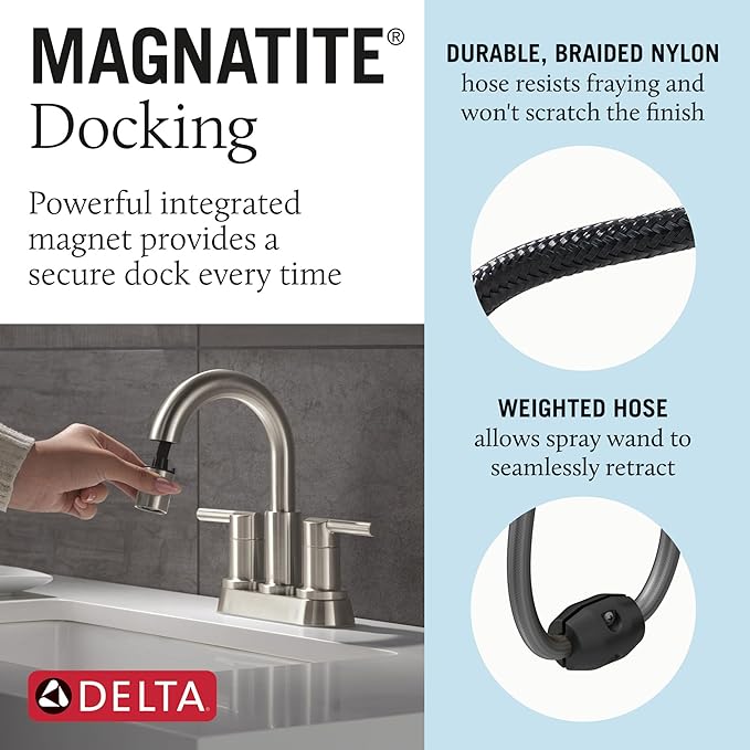 Delta Nicoli Centerset Matte Black Bathroom Faucet with Sprayer, 4 Inch 3 Hole Bathroom Sink Faucet with Pull Out Sprayer, Push-Pop Drain, Matte Black 25749LF-BLPD