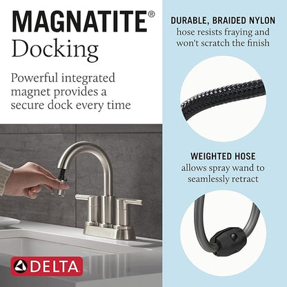 Delta Nicoli Centerset Matte Black Bathroom Faucet with Sprayer, 4 Inch 3 Hole Bathroom Sink Faucet with Pull Out Sprayer, Push-Pop Drain, Matte Black 25749LF-BLPD