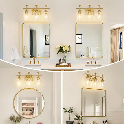 Bathroom Light Fixtures (3-Light, 19 Inch), Brushed Gold Vanity Lights for Bathroom with Clear Wine Glass Glass Shade, Modern Vanity Wall Lights for Mirror Bedroom Living Room Kitchen Hallway Porch