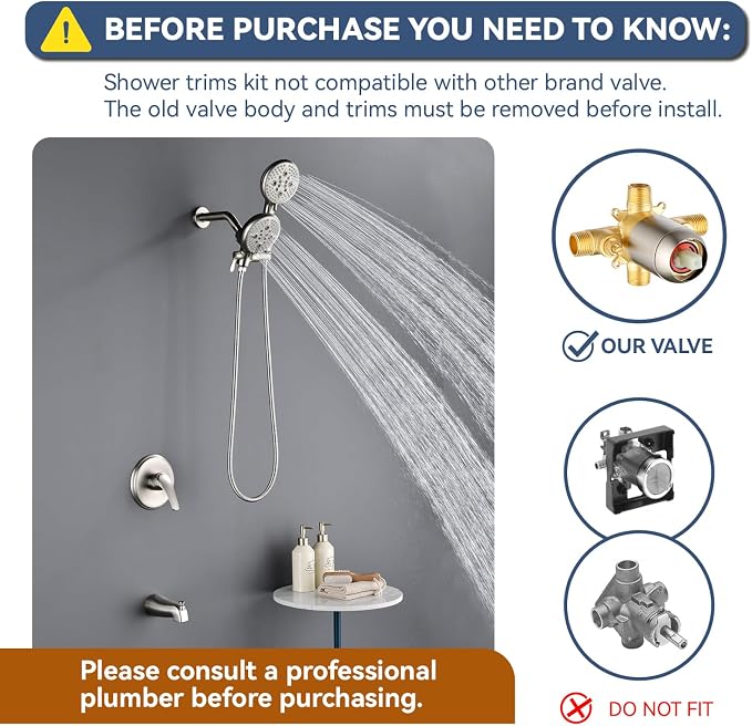 L829-2 Brushed Nickel Shower Faucet Set - Complete Dual Shower Head & Handheld Combo, Tub Spout & Trim Kit