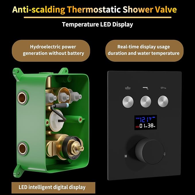 AYIVG Thermostatic Shower System with 6PCS Body Jets Matte Black Temperature Displa Shower Faucet Set Ceiling Shower System with Push Button Diverter LED 12 Inch Rain Shower Head with Handheld Spray