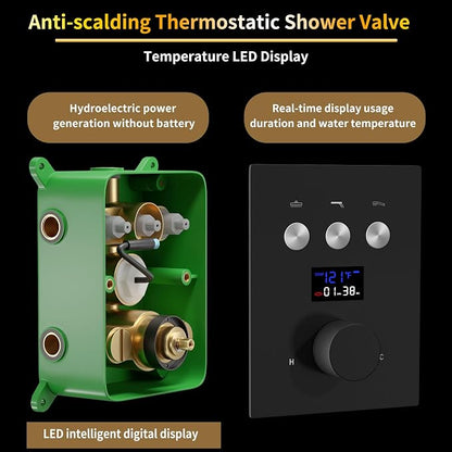 AYIVG Thermostatic Shower System with 6PCS Body Jets Matte Black Temperature Displa Shower Faucet Set Ceiling Shower System with Push Button Diverter LED 12 Inch Rain Shower Head with Handheld Spray