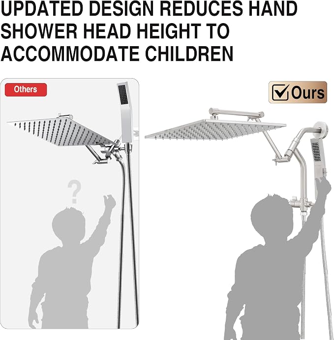All Metal 12 Inch Rain Shower Head with Handheld Built-in Power Wash Mode, High Pressure Waterfall Rainfall Square Shower Heads with 16" Adjustable Extension Arm, Dual Showerhead(Brushed Nickel)