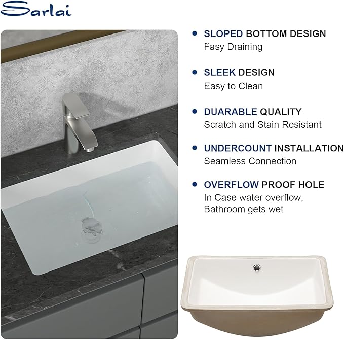 Sarlai Undermount Bathroom Sink - 21 x 14 inch Rectangular Vessel Sink Undermount Modern White Ceramic Rectangle Sink, Vanity Sink Art Basin with Overflow, Interior Bowl Size 18.3"x12.5"x6"