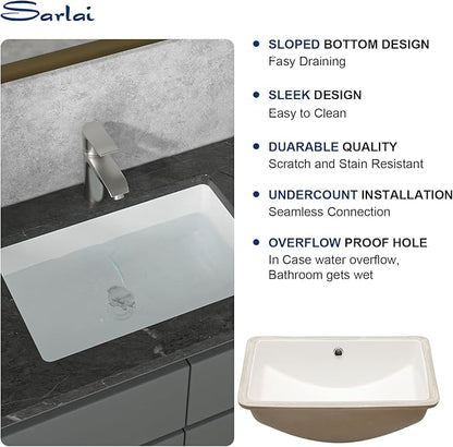 Sarlai Undermount Bathroom Sink - 21 x 14 inch Rectangular Vessel Sink Undermount Modern White Ceramic Rectangle Sink, Vanity Sink Art Basin with Overflow, Interior Bowl Size 18.3"x12.5"x6"