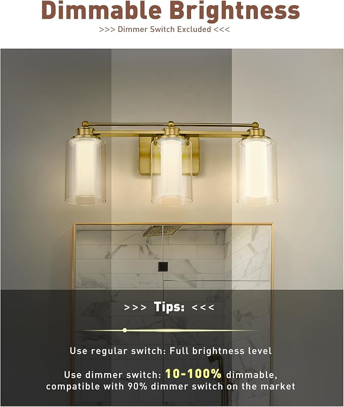 HWH 3-Light Bathroom Vanity Light, Clear Glass, Dimmable, 5HLT63B-3W-LED BG | 5CCT, Brushed Gold, 18W, Bathroom Light Fixtures Antique Brass Vanity Light, Vanity Lights, Dimmable Integrated LED Lighting